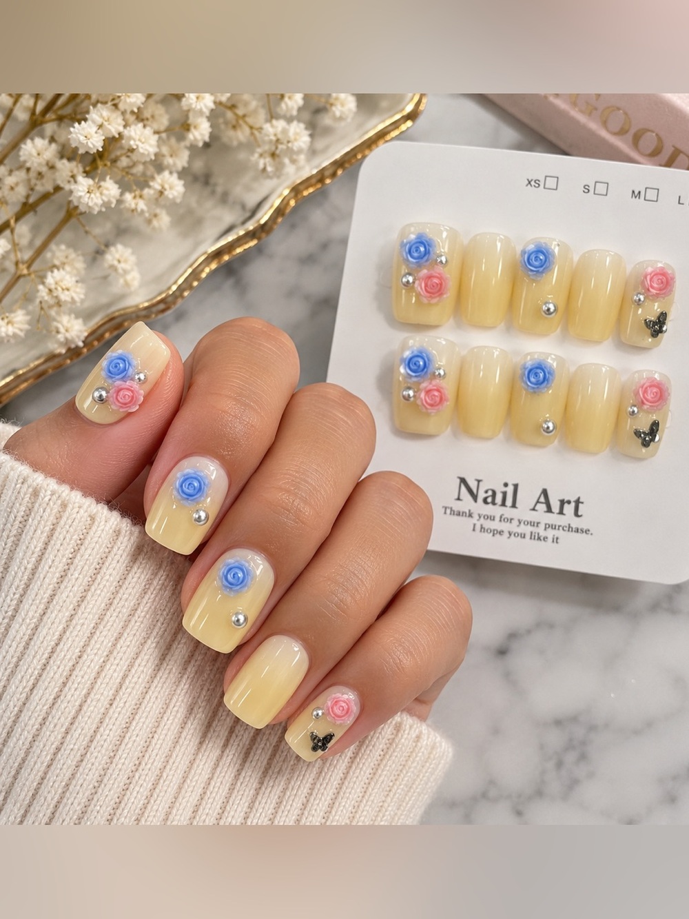 Yellow Floral 3D Flower Press On Nails Blue Pink Rose Short Square Set